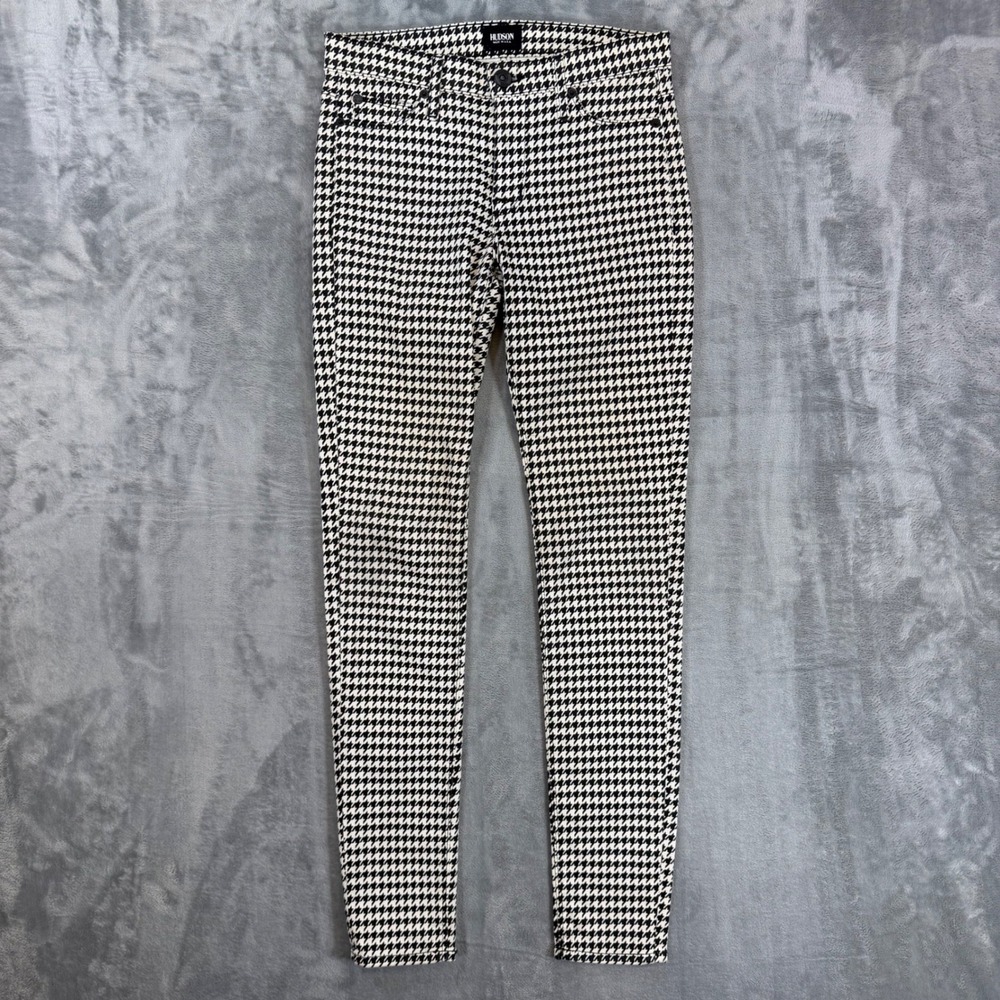 Hudson Nico Midrise Super Skinny Jeans Women's Size 26 Black White Houndstooth